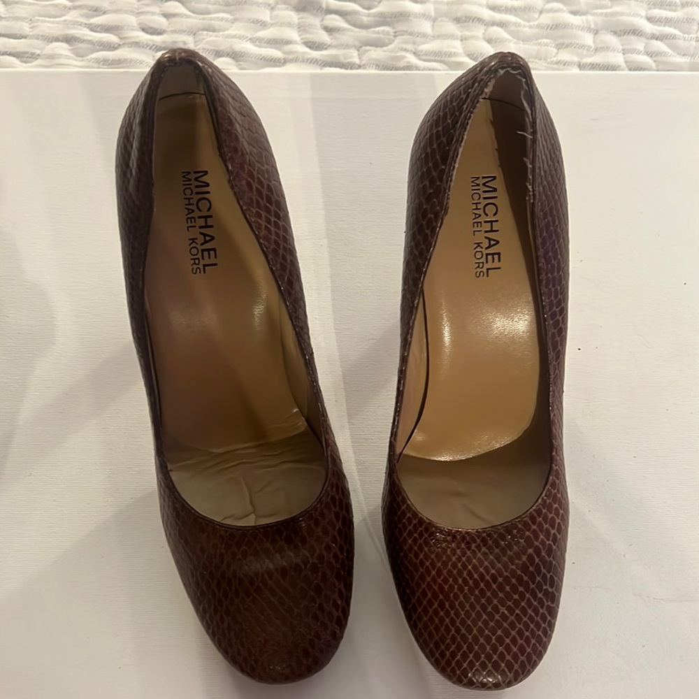 Michael Kors’s shoes . 5’  heel with 1 inch platform. Brown snake Scale skin.